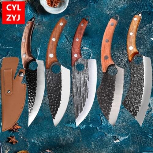 Stainless Steel Kitchen Boning Knife Handmade Fishing Knife Meat Cleaver Outdoor Cooking Butcher Knife Cutter With Knife Cover