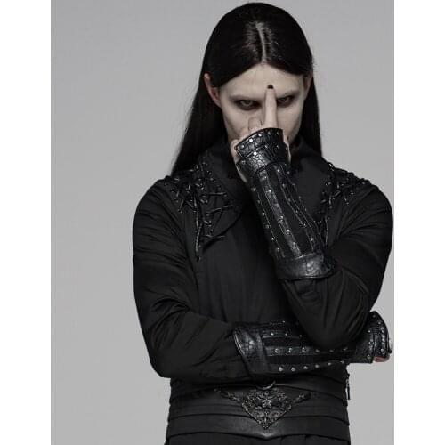 PUNK RAVE Mens Chinese Style Punk Rough Texture Leather Rivets Fingerless Plate Gloves PU Motorcycle Personality Party Glove