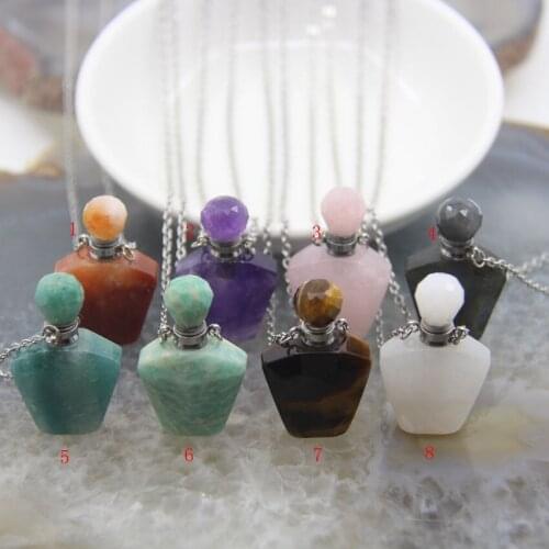 Plated Silvers Necklaces Faceted Labradorite Perfume Bottle Pendants,Gems stone Jades Quartz Essential Oil Diffuser Vial Charms