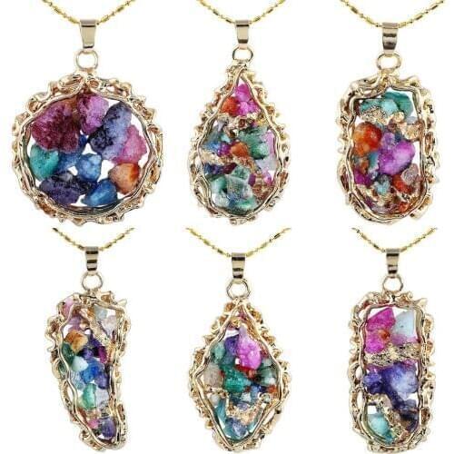 SUNYIK Multicolor Druzy Quartz Pendant Crystal Geode Cluster Stone for Necklace Assorted Shape (Free Chain)