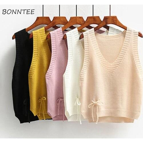 Sweater Vest Women Lovely Simple Lace-up Design Chic Stylish Soft Preppy Girls Knitted Clothing Autumn Ladies Sleeveless Sweater