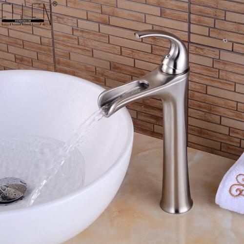 Vidric Waterfall Bathroom Tall Faucets Deck Mounted Hot and Cold Water Mixer Tap Brush Nickel Basin Sink Faucet ELS402