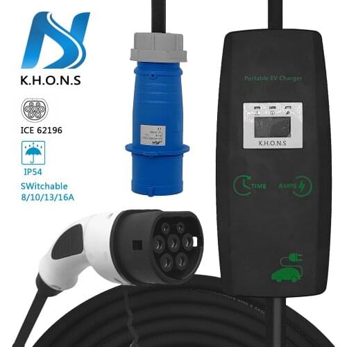KHONS EV Charger Type 2 IEC 62196-2 Switchable 6/8/10/13/16A for Portable Electric Vehicle CEE Plug 220V-240V Car Charging Cable