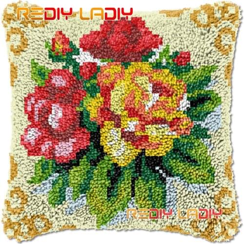 Latch Hook Cushion Bouquet of Flowers DIY Needlepoint Kits Chunky Acrylic Yarn Arts Crocheting Lofty Pillow Case Hobby & Crafts