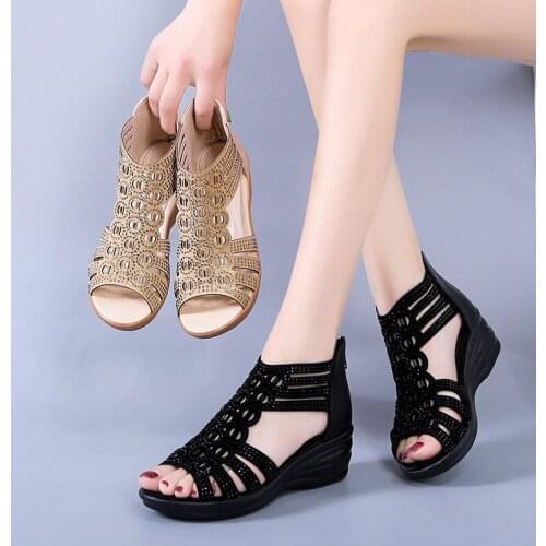 2021 Woman Sandals Women Cyrstal Comfortable Pumps Ladies Fashion Wedges Female Rome Bling Hollow Out Shoes Womens Zip Footwear