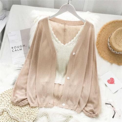 Women 2020 Summer V-Neck Knitted Casual Ice Silk Sweaters Cardigan Female Thin Long Sleeve Sunscreen Air Conditioning Shirt G318