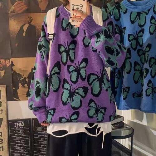 Butterfly Jacquard Blue Vintage Knit Sweater Women O-Neck Pullover Plus Size Korean Tops Harajuku Female Fall Winter Sweaters BF