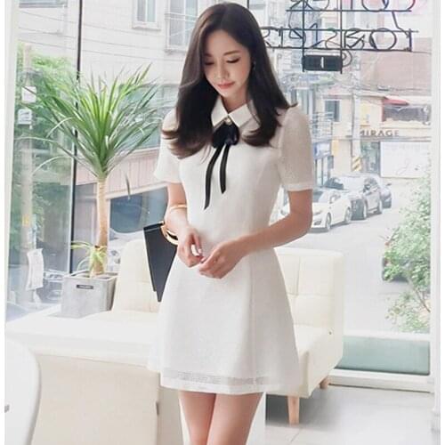 Summer Vestidos Lapel Mesh Yarn Zipper Female Temperament High Waist Professional Womens OL Slim Hook Flower Hollow Dress Z559