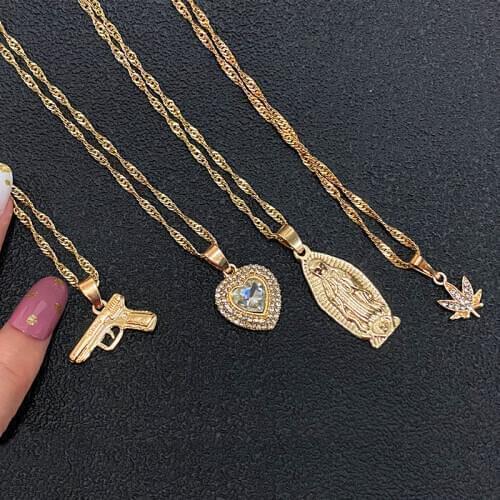 JUST FEEL New Gold Color Portrait Pistol Pendant Necklace for Women Multilayer Heart Leaf Long Chain Necklace 2020 Party Jewelry