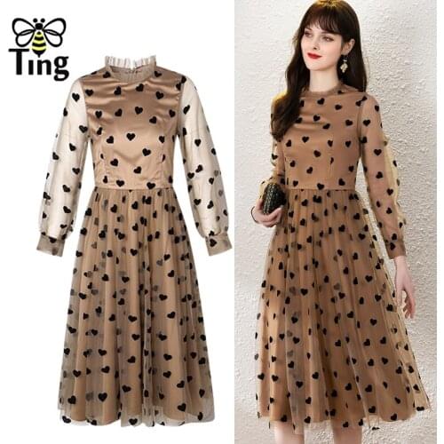 Tingfly Vintage Elegant Heart Love Print Mesh Sheer Midi Long A Line Dress Women Retro Ruched Fashion High Waist Vestidos Robes
