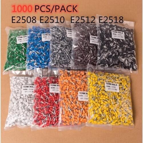 1000 unids/pack E2508 E2510 E2512 E2518 cable aislado Terminal cable conector crimpar virolas para prensar Terminal Tubular AWG