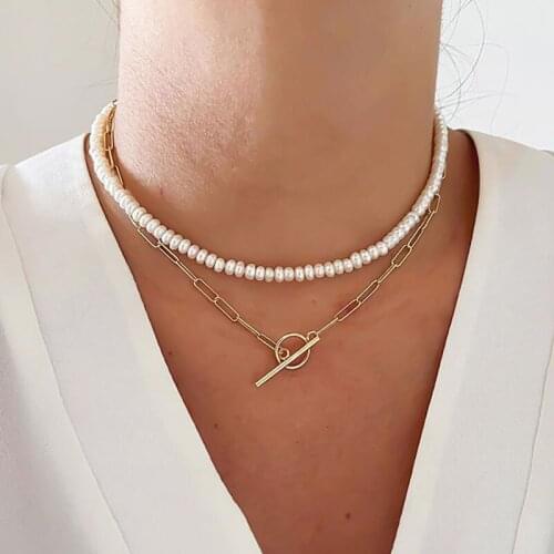 2021 Fashion Pearl Double Necklace Creative Simplicity Pearl Chain OT Buckle Necklace For Women Party Jewelry Wholesale