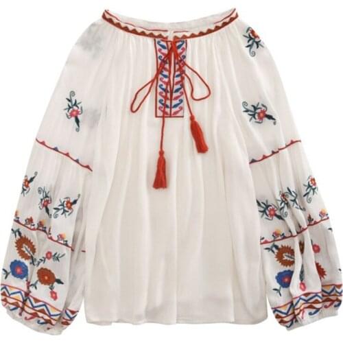 2021 Boho Clothing Vintage Embroidery Tops Blouse Women Lantern Sleeve Casual Cotton Shirt Female Retro High Quality Blusa