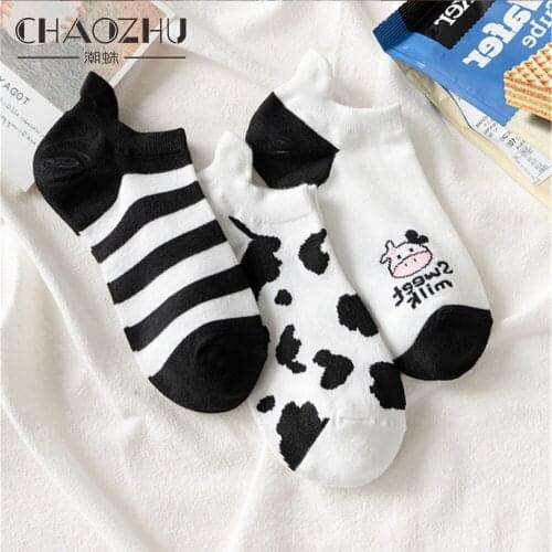 CHAOZHU Spring Summer Women Girls Cotton Low Tube Fashion Cartoon Black White Stripes Milk Casual Socks Street Invisible Sock