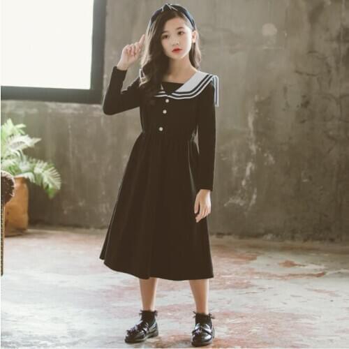 Girls Black Dress Autumn Teenage Girls Sailor Collar Cotton Long Causal Dresses Children Fall Dress Children Dress Kids Clothing