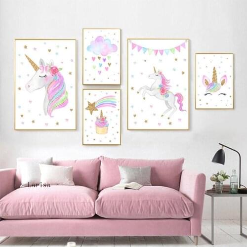 Nursery Decor Poster Rainbow Cloud Horse Wall Art Prints Cartoon Canvas Painting Nordic Decor Picture for Children Kids Bedroom