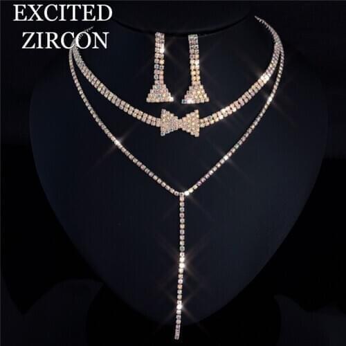 Elegant and exquisite ladies long drop rhinestone white pink necklace earrings set elegant bride wedding fashion jewelry prom