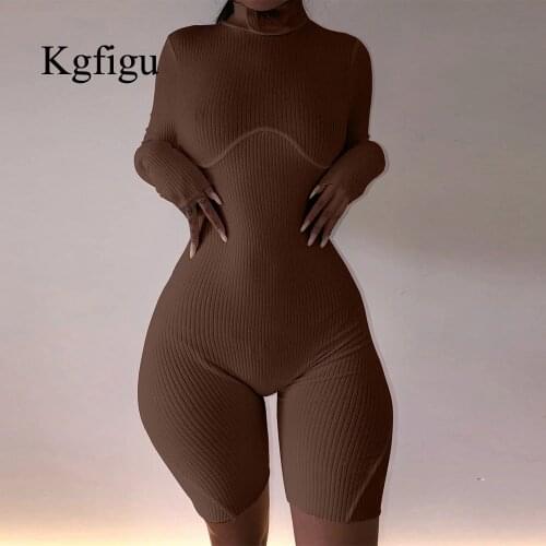 KGFIGU Thick Brown Rompers For Women Autumn Solid Ribbed Jumpsuit Long Sleeve Knitting Outfit Cotton Streetwear Stretchy Clothes