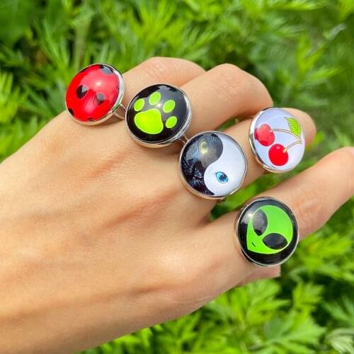 Lost Lady Cute Adjustable Female Punk Metal Rings Fashion Multicolor Alien Face Cherry Tai Chi Rings For Women Men Jewelry Gift