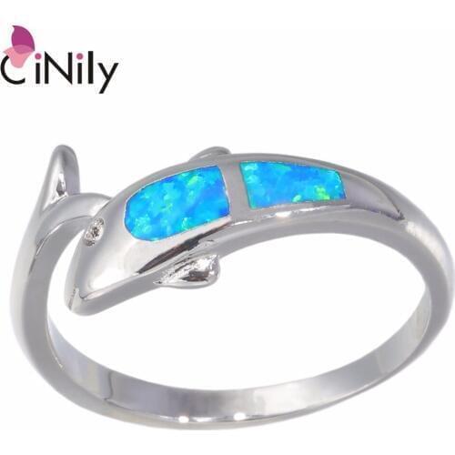 CiNily Created Blue Fire Opal Silver Plated Wholesale Lovely Cute Dolphin For Women Jewelry Gift Ring Size 6 8 OJ9306