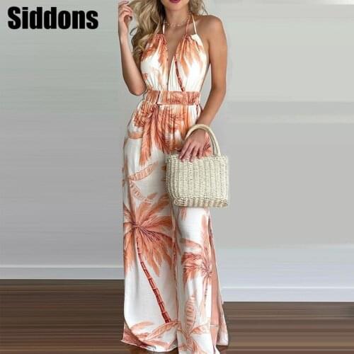 Women Summer Tropical Print Halter V Neck Jumpsuit Backless Sexy Casual Beachwear Vacation Sleeveless Jumpsuits