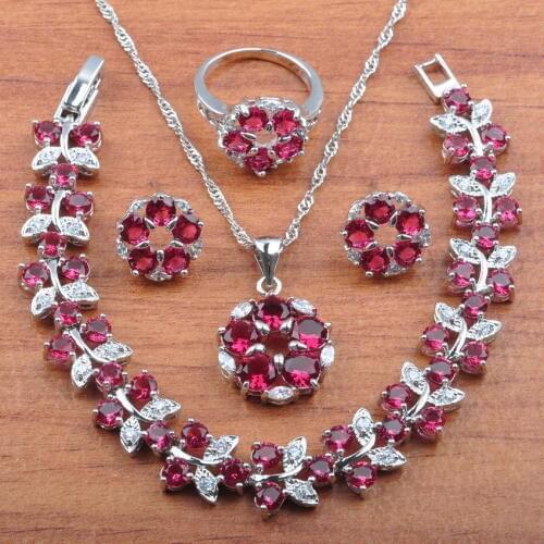 Russian Style Rose Red Cubic Zirconia Dubai Jewelry Sets For Women Earrings Necklaces Pendant Rings Bracelets JS0383