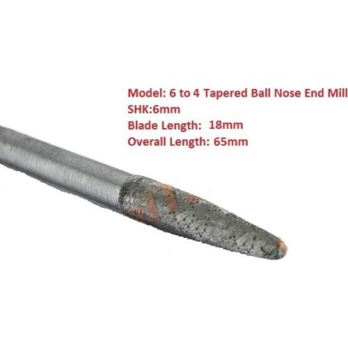 1pc 6 to 4mm Tapered Ball Nose End Mill, Sintered Stone Diamond Router Bits, Engraving Tool Bits for Tile Granite CNC Kit