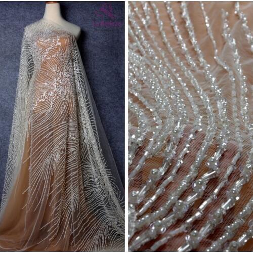 La Belleza 1 yard new beautiful fashion design pearls crystal sequins hand made super heavy beaded wedding dress lace fabric