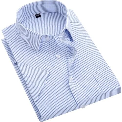 Summer S~8xl mens striped short sleeve dress shirt square collar non-iron anti-wrinkle pocket male social shirt