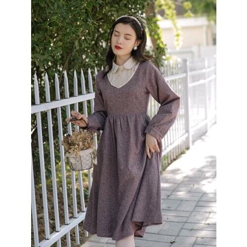 SWEETXUE Embroidered Woolen Dress Retro Cute Kawaii Lapel Embroidery Midi Chic Dresses