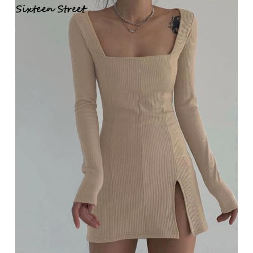 Sexy Y2k Dress Woman 2021 Square Collar Khaki Slim Bodycon Dresses Woman Long-sleeve Korean Chic Autumn Split Hot Dress Female