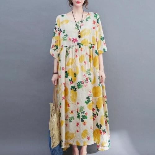 Plus Size Floral Printed Vintage Summer Dress Women Cotton Ladies One Piece Dress Oversized 4XL 5XL 6XL Boho Linen Maxi Dresses