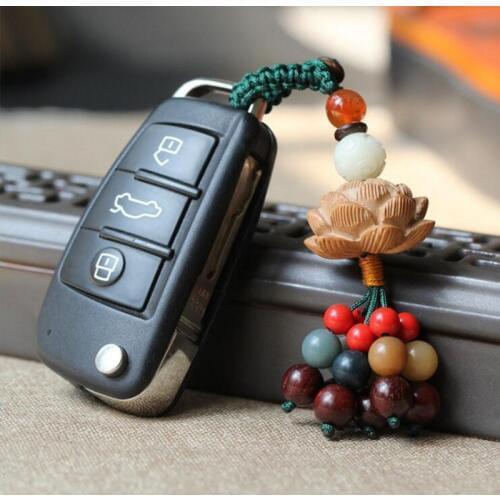 WEIYU Lucky Jewelry Peach Wood Carving Lotus Pendant Keychain For Car Bag keyring Colorful Beads Tassel Keychain Ethnic Jewelry