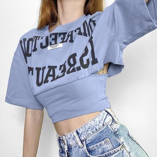 Womens Round Neck Short Sleeve Crop Top Girl Letter Printed Slim T-Shirt 2021 New Summer Streetwear Chic Pullover Top