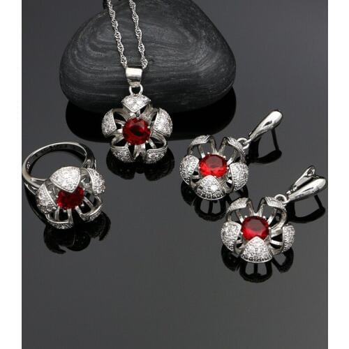 925 Silver Jewelry Sets Red Crystal White Zircon For Women Weeding Earrings Silver Flower Bride Necklace Set