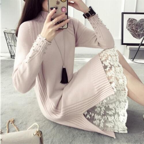 Winter Plus Size 2XL Lace Dress Women Maxi Knitting Long Turtleneck Basic Dress 2020 Autumn New Warm Long Sleeve Sweater Female