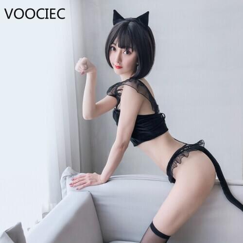 VOOCIEC Women Lingerie Sexy Hot Erotic Cat Cosplay Mesh Transaprent Maid Costumes Uniform Role Play Babydoll Porn Sex Suit