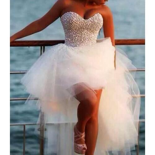 Vestido De Noiva Sexy 2018 New Unique Pearls Sweetheart White Tulle Short Front Long Back Bridal prom Gown bridesmaid dresses