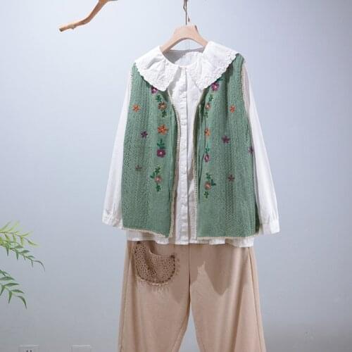 2021 Autumn Sleeveless Sweater Cardigan Women Embroidery Flower Tops Female