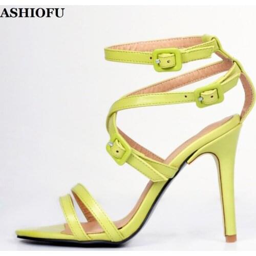ASHIOFU Handmade Womens Stiletto High Heel Sandals Buckle Strap Party Prom Summer Shoes Large Size Evening Fashion Sandal Shoes