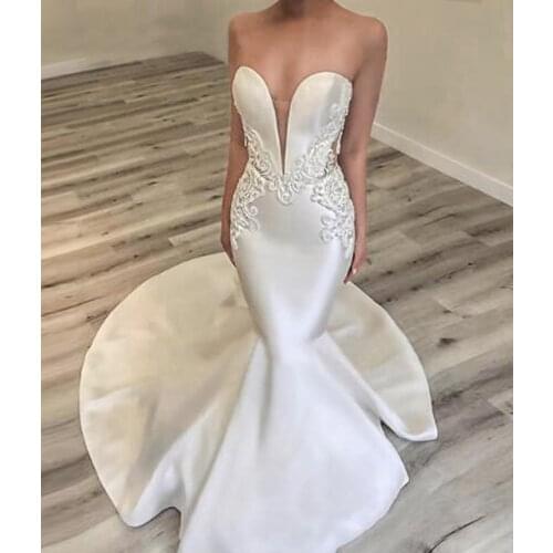 Sexy Deep V-neck Backless Mermaid Wedding Dresses Simple Trumpet Satin Wedding Gowns