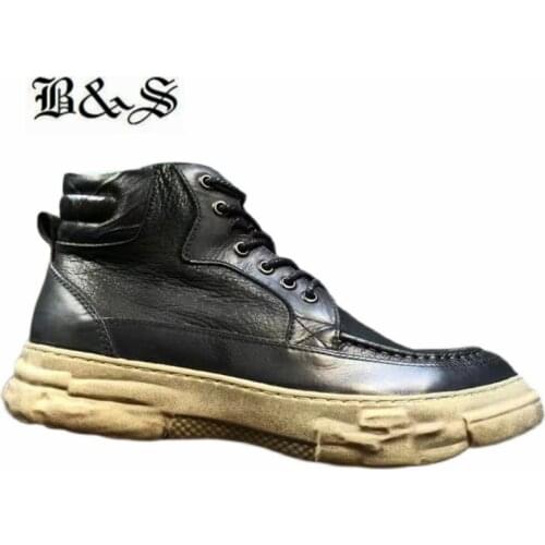 Black& Street 21ss new retro thick-soled genuine leather mens boots trend all-match mens high-top Tooling boots