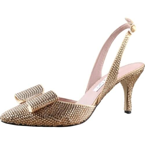 CHS1190 Custom Handmade Gold Stones Crystal SlingBacks Dress Pumps Big Size High Heel Women Shoes Bridal Wedding Shoes