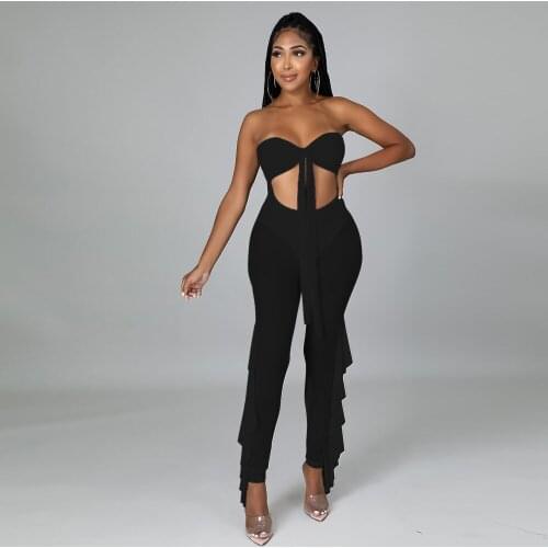 Black White Sheer Mesh Spliced Skinny Romper Women Waist Band Cut Out Cascading Ruffle Jumpsuit Off Shoulder Backless Catsuits