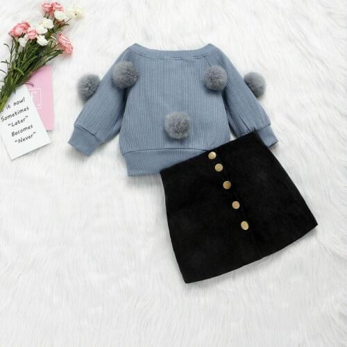 2PCS Toddler Kids Baby Girls Clothes Autumn Hairball Knit Tops+Skirt Outfits Autumn Winter Clothes Set 1-6T