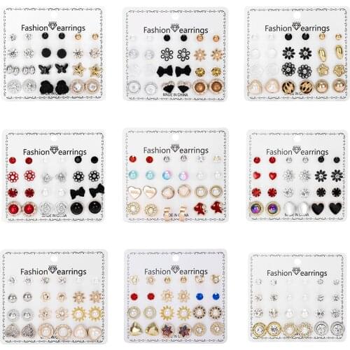12 pairs/set Crystal Fashion Earrings Set Women Jewelry Pierced Simulated Pearl Ball Flower Heart Star Animal Bow Stud Earrings