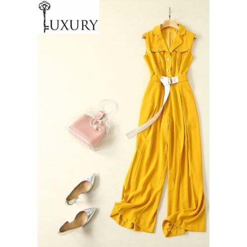 Summer New Fashion 2020 High Quality Women Notched Collar Beading Buttons White Belt Patchwork Sleeveless Jumpsuits OL