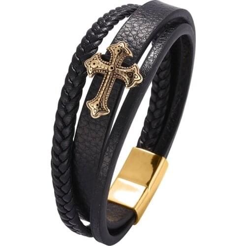 Trendy Male Jewelry Multilayer Leather Bracelet Men Golden Cross Stainless Steel Magnetic Buckle Charm Bracelets Bangles PD0675