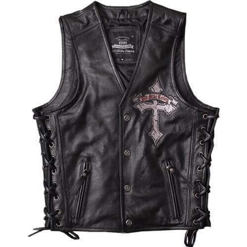 2020 Black Men Skull Embroidery Genuine Leather Motorcycle Vest Real Thick Cowhide Slim Fit Leather Biker Vest 4XL FREE SHIPPING
