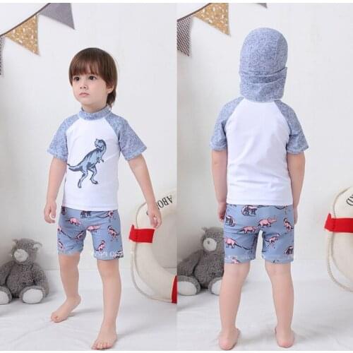 2021 New Summer Dinosaur Children Swimsuit Cartoon Boy Beach Swimsuit With Hood Split Swimsuit Short Sleeves
